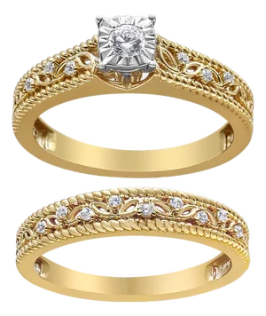 14K Yellow Gold Plated .925 Sterling Silver 1/5 Cttw Diamond Art Deco Style Engagement Ring Bridal Set (I-J Color, I3 Clarity) - Ring - Size 5