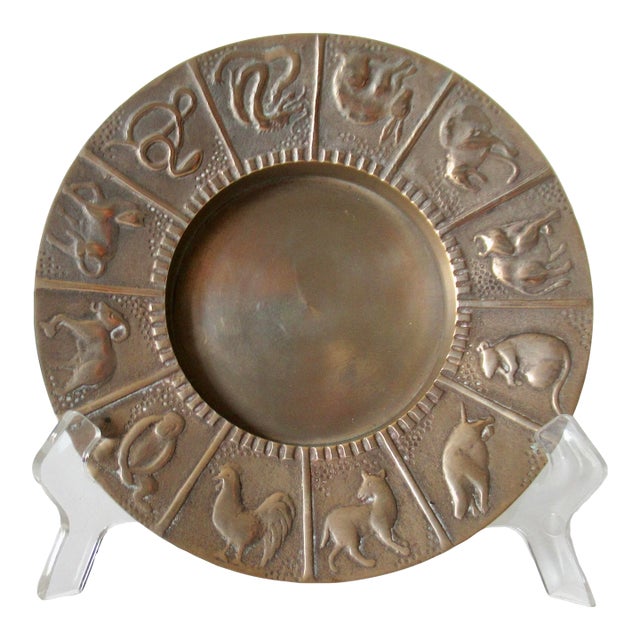 Mid-Century Brass Round Zodiac Ashtray, Catchall Dish - Pair For Sale