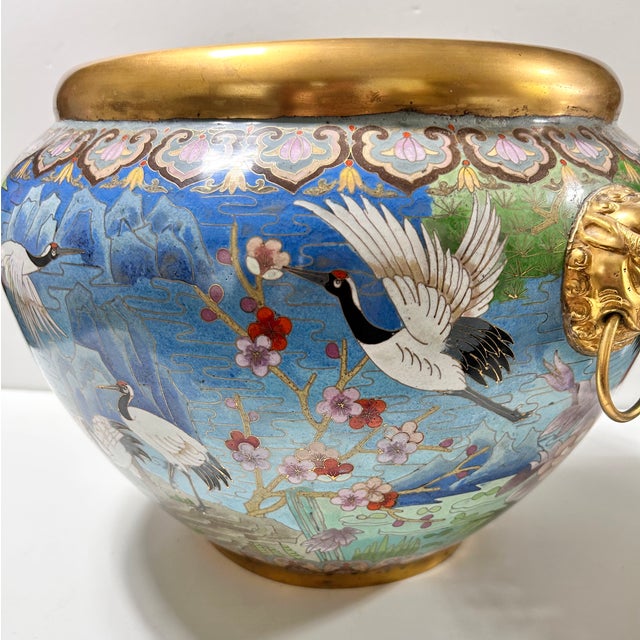 Metal 1960s Monumental Handcrafted Cloisonné Enamel Jardiniere With Cranes, Blossoms & Lion Head Handles For Sale - Image 7 of 18