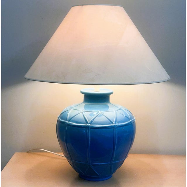 French Ceramic Lamp with Blue Glazed Base from Louis Drimmer, France, 1980s For Sale - Image 10 of 10