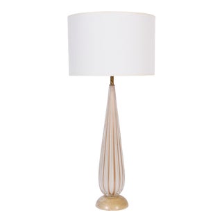 Tall Alfredo Barbini White Ribbed Murano Glass Table Lamp with Gold Inclusions For Sale