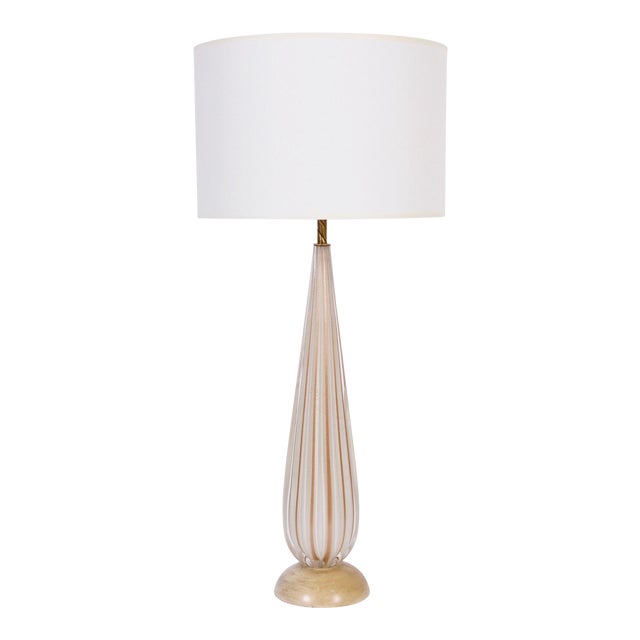 Tall Alfredo Barbini White Ribbed Murano Glass Table Lamp with Gold Inclusions For Sale