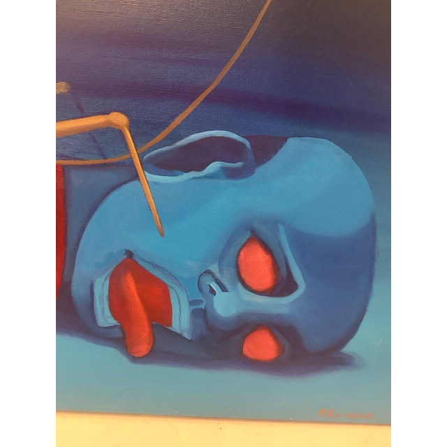 A surrealist composition featuring a vivid blue humanoid head fused with an insect‑like body. The figure’s exaggerated...