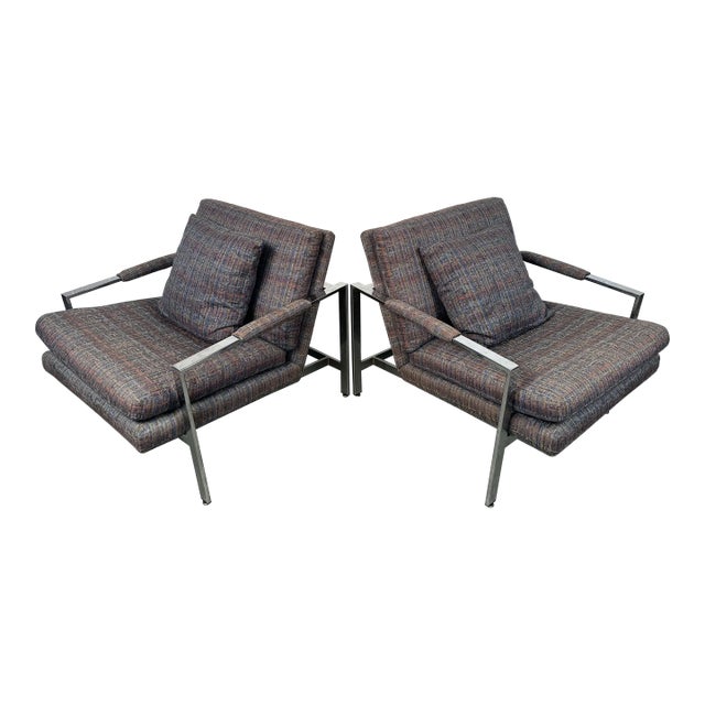 Mid 20th Century Milo Baughman for Thayer Coggin Chrome Flat Bar Lounge Chairs - Set of 2 For Sale