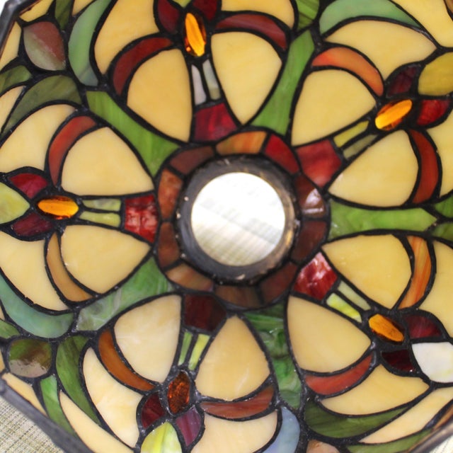 1970s Vintage Tiffany Style Stained Glass Tulip Mini Pendant With Sloped Ceiling Adapter For Sale - Image 5 of 5