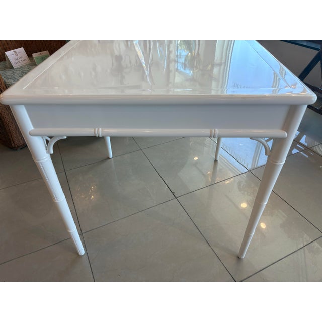 Vintage Palm Beach White Newly Lacquered Faux Bamboo Fret Game Table Two Drawers For Sale - Image 10 of 11