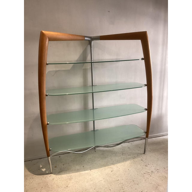 Italian Cherry Wood Wall Unit with Lacquered Back Panel and Glass Shelves, 1980s For Sale - Image 4 of 9