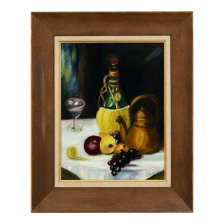 Vintage Signed Original Still Life Painting With Wine Bottle & Fruit, Circa 1960s–1970s For Sale