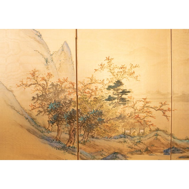 Very pretty Japanese 4-panel painted silk Byobu (folding screen), depicting a peaceful scene at the bank with mountains,...