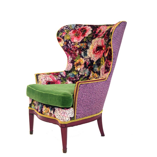 This extraordinary high back wing chair by Sultanchic is a cut above the rest! Four different luxurious fabrics adorn this...
