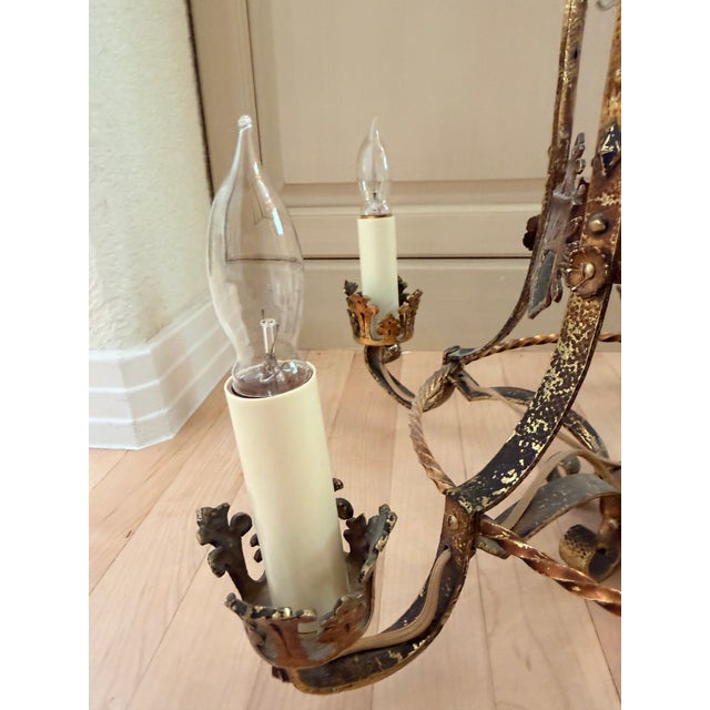 1920s Vintage Spanish Revival Gothic Iron 6 Light Chandelier 6 For Sale - Image 5 of 6