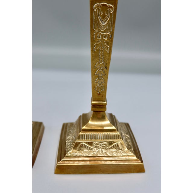 Antique French Brass Candlesticks, Pair — Louis XVI Style Repousse, Early 20th Century For Sale - Image 4 of 9
