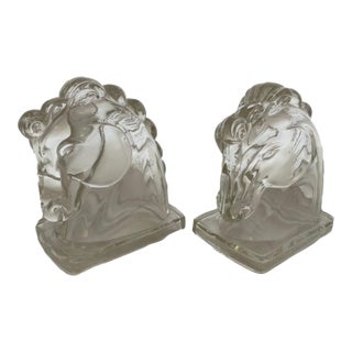 1940s Federal Glass Horse Head Bookends For Sale