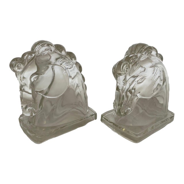 1940s Federal Glass Horse Head Bookends For Sale