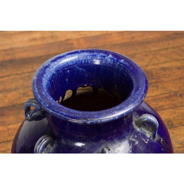 19th Century Large Antique Thai Cobalt Blue Martaban Jar with Raised Motifs For Sale - Image 12 of 12