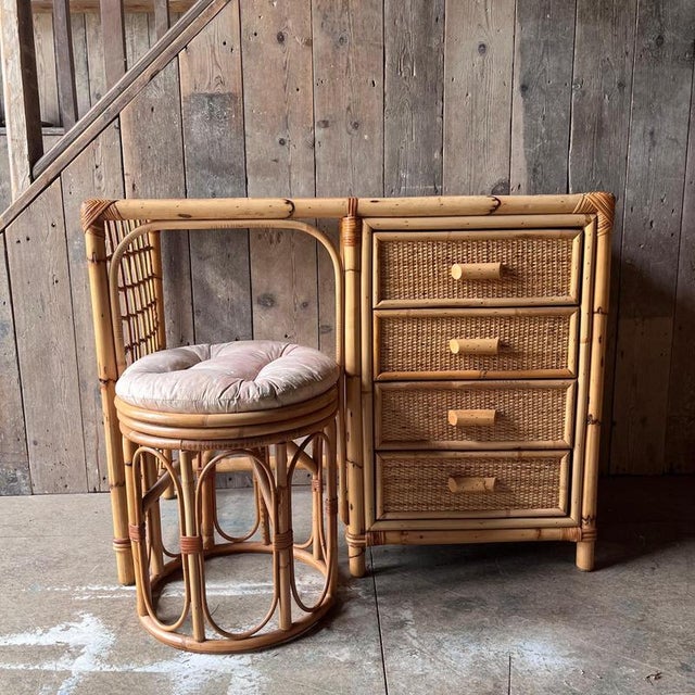 Vintage Bamboo Dressing Table with Drawers and Cushioned Stool, Set of 2 For Sale - Image 4 of 11