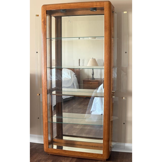 Vintage-Style Tall Oak Curio Display Cabinet W/ Illuminated Glass Shelves, Magnetic Doors & Antique Brass Knobs For Sale - Image 12 of 15