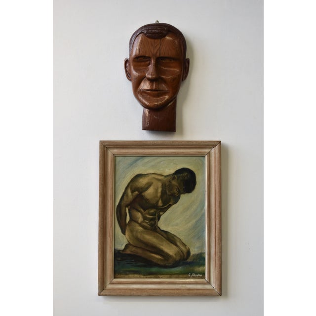 Vintage Art Deco Style Kneeling Male Nude Oil on Board Painting, Circa Mid 20th Century For Sale - Image 18 of 18
