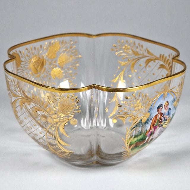 Paint Antique Quatrefoil Gilded Glass Bowl Austrian Bohemian Cut Enamel Watteau Style For Sale - Image 7 of 17