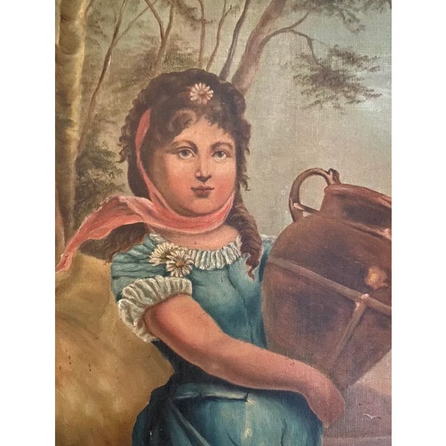 Wood 19th Century Oil on Canvas, Painting of a Cow and a Maiden Holding a Container For Sale - Image 7 of 13