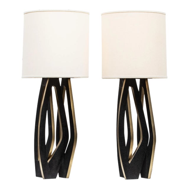 Pair of Modern Lamps in Black Shagreen With Bronze Patina Brass by R&y Augousti For Sale