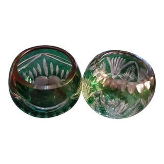 1980s Bohemia Czech Pair of Emerald Green Cut to Clear Votive Holders - a Pair For Sale