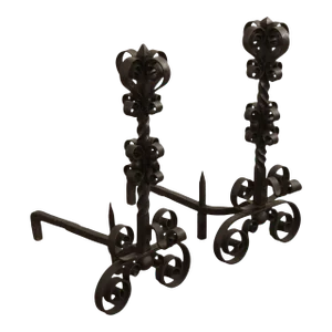 Vintage Gothic Style Wrought Iron Scroll Andirons - A Pair