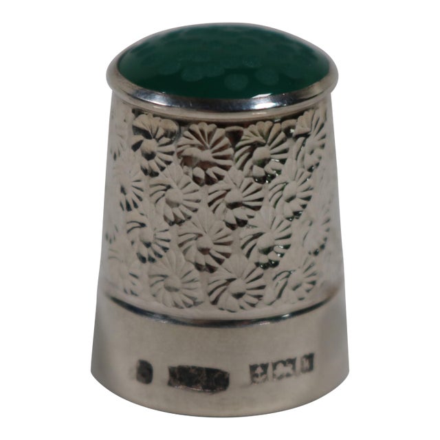 English Sterling Silver 1971 Glass Top Thimble With Floral Pattern For Sale