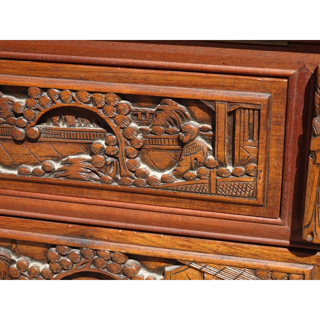 Vintage Oriental Asian Carved Drop Leaf Secretary Desk Dresser Made in Japan For Sale - Image 9 of 11