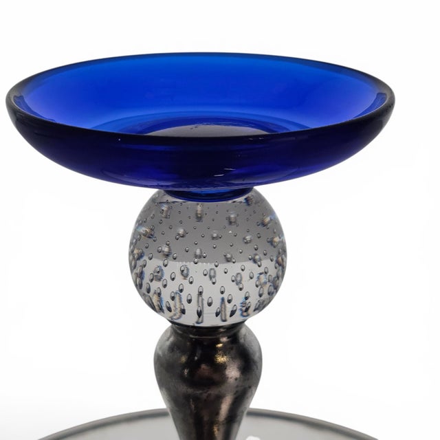 Glass Pairpoint Epns Cobalt Art Glass Tazza With Controlled Bubble Knop For Sale - Image 7 of 13