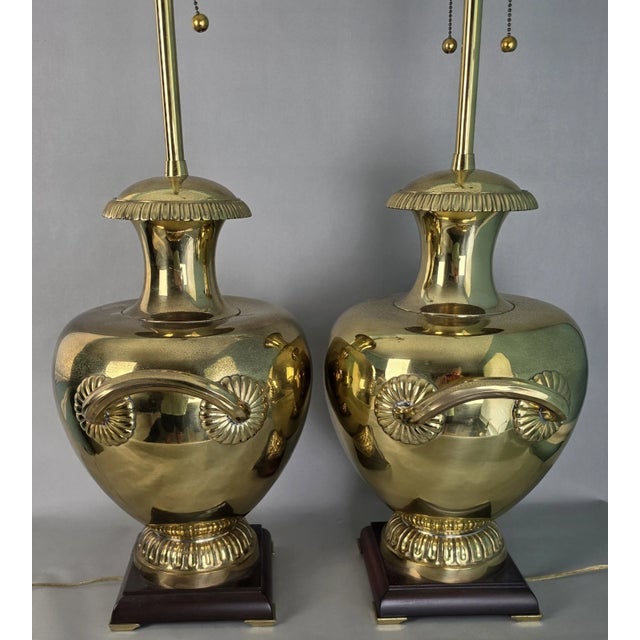 Hollywood Regency Vintage Marbro Polished Brass "Hydria" Table Lamps Dual Light a Pair For Sale - Image 3 of 18