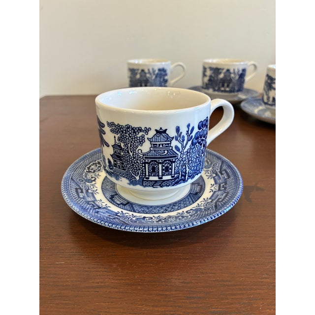 Vintage Churchill England Blue & White Transferware Cups and Saucers – Set of 4 For Sale In Oklahoma City - Image 6 of 12
