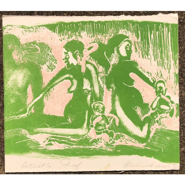 "It's Much too Hot Out!" mother and child figure litho in apple green by Atlanta artist Adrienne Anderson (1949-2020)....