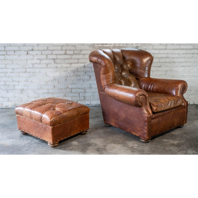 Restoration Hardware Churchill Cigar Leather Luxe Writer's Chair and Ottoman For Sale In Boston - Image 6 of 13
