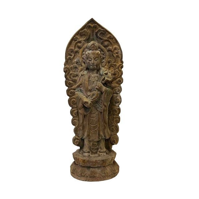 Wood Chinese Rustic Wood Mahasthamaprapta Bodhisattva Kwan Yin Tara Standing Buddha Statue For Sale - Image 7 of 7