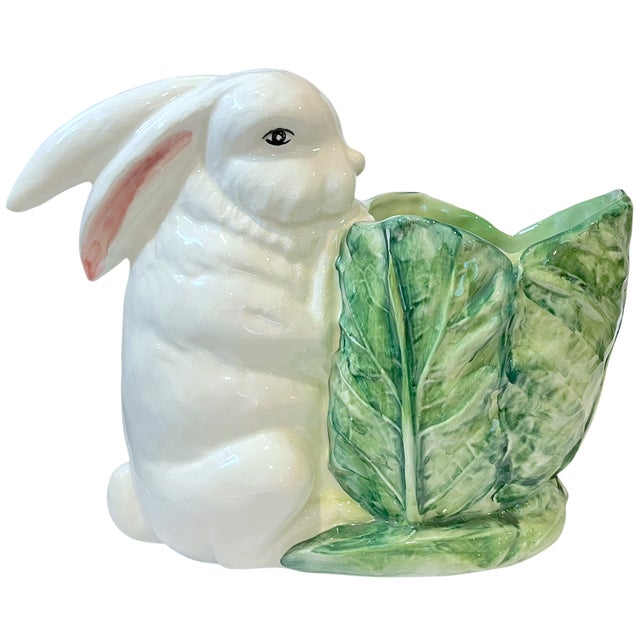 English Vintage Italian Majolica Rabbit & Cabbage Cachepot Planter – 9" For Sale - Image 3 of 11