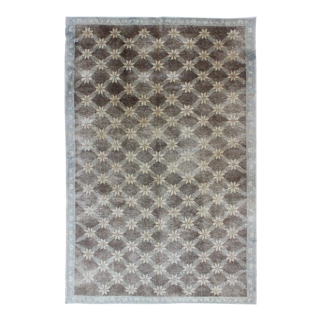 Brown Midcentury Vintage Turkish Oushak Rug With Floral / Star Lattice Pattern For Sale