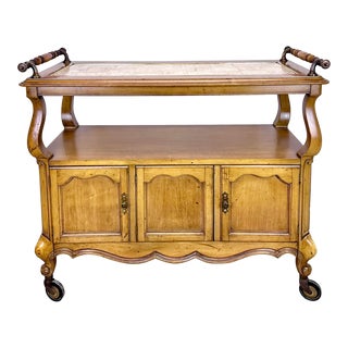 Vintage French Provincial Style Bar Cart / Server With Brass Hardware & Travertine Top For Sale
