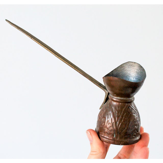 Turkish Vintage Turkish Embossed Copper Coffee Pot Ladle W/ Brass Handle For Sale - Image 3 of 10