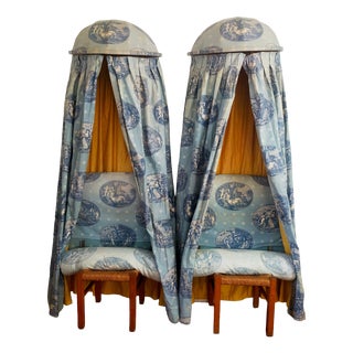 Canopy Beds with Headboards, Curtains and Bolster in Toile de Jouy, 1960s, Set of 2 For Sale