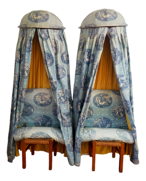 Canopy Beds with Headboards, Curtains and Bolster in Toile de Jouy, 1960s, Set of 2