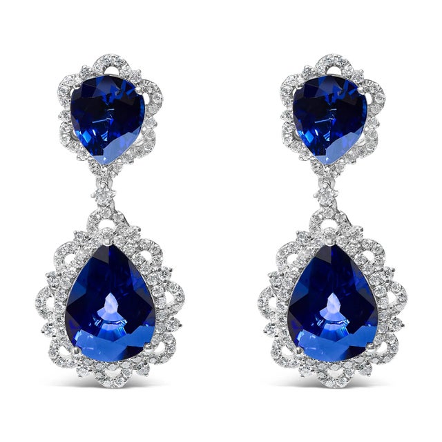 18K White Gold Blue Sapphire and Diamond 2.00 Cttw Diamond Halo Drop and Dangle Earring (G-H Color, For Sale