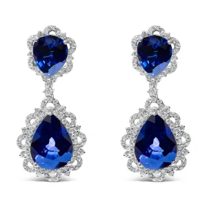 18K White Gold Blue Sapphire and Diamond 2.00 Cttw Diamond Halo Drop and Dangle Earring (G-H Color,