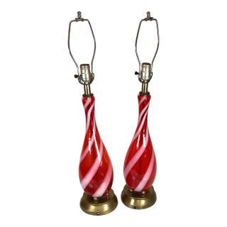 Vintage Mid Century Modern Candy Cane Swirl Striped Red Table Lamps 1950s Murano Glass - a Pair For Sale