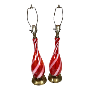 Vintage Mid Century Modern Candy Cane Swirl Striped Red Table Lamps 1950s Murano Glass - a Pair