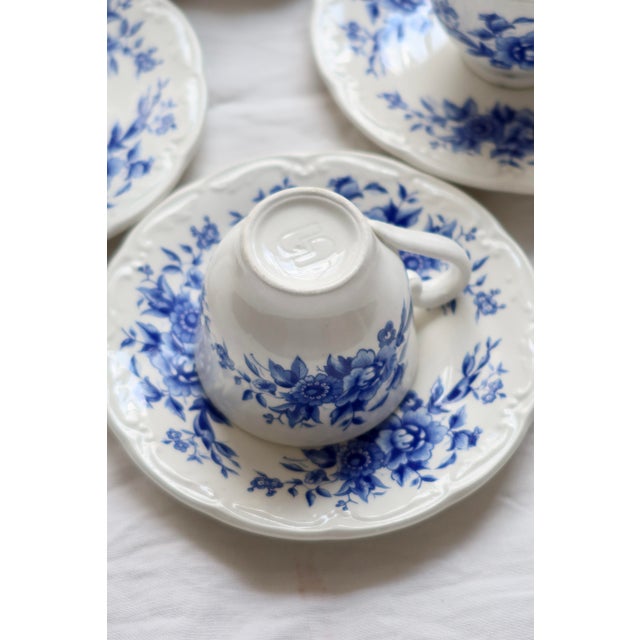 Antique Blue and White Earthenware Cups and Saucers from Sarreguemines, 1980s, Set of 8 For Sale - Image 4 of 7