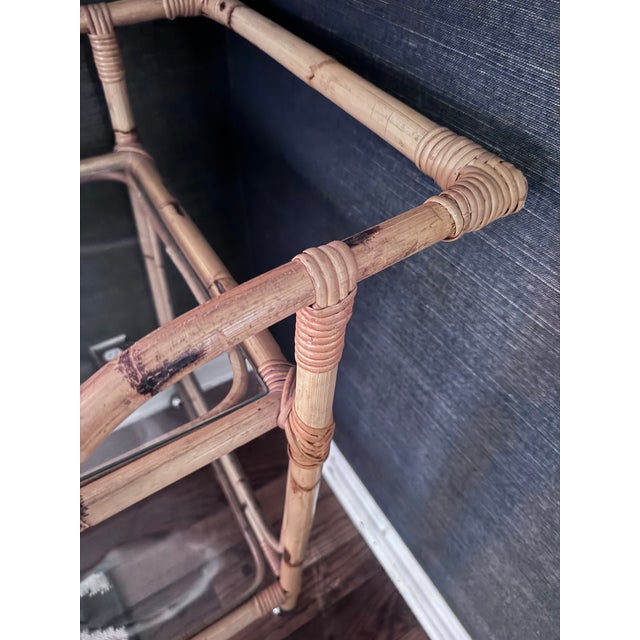 Coastal Mid Century Modern Bamboo Rattan Bar Cart For Sale - Image 10 of 11