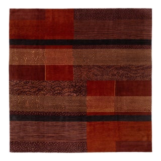 Modern Tibetan Hand-Knotted Wool & Silk Rug With Patchwork Design in Red Tones For Sale