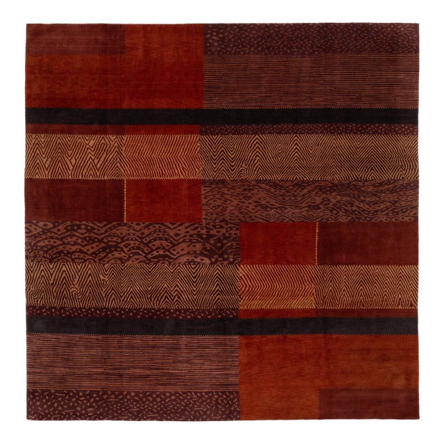 Modern Tibetan Hand-Knotted Wool & Silk Rug With Patchwork Design in Red Tones For Sale