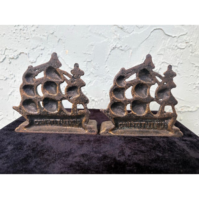 Metal Vintage Cast Iron Uss Constitution “Old Ironsides” Ship Bookends – Nautical Americana, Set of Two For Sale - Image 7 of 10
